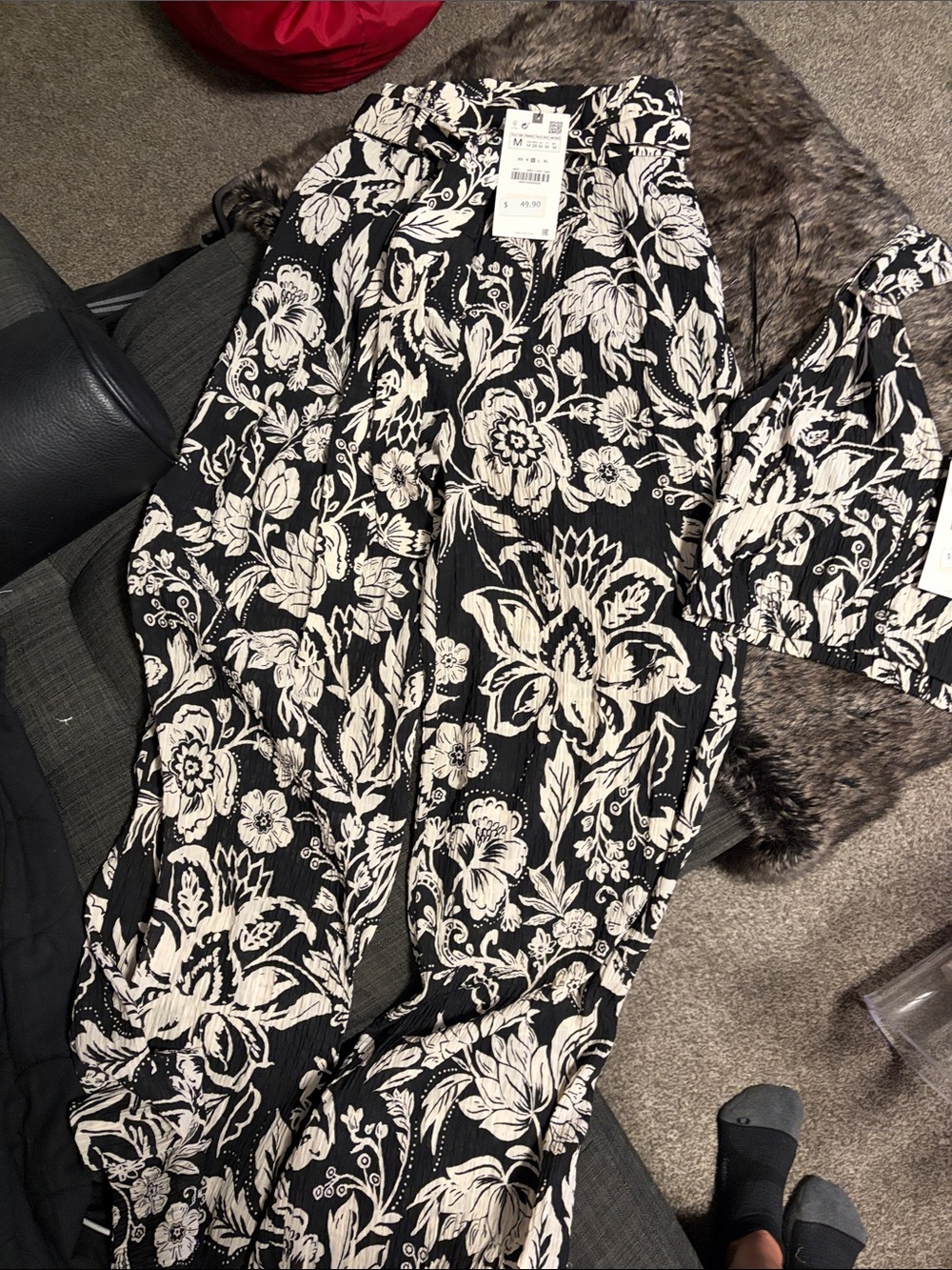 Zara Black and Cream Floral Crop halter top with matching wide leg pant elastic